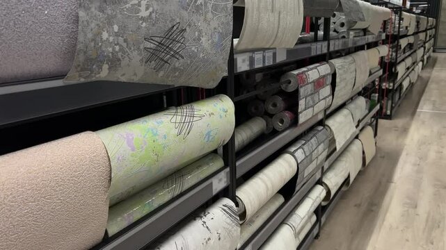 Wallpaper Rolls Display on Shelves in Home Improvement Store. Shopping for Home Renovation Materials
