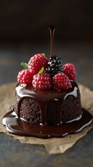 Indulgent chocolate cake topped with fresh raspberries and blackberries drizzled with rich chocolate sauce