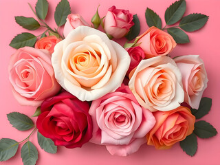 Naklejka premium Pastel Pink and Peach Roses Bouquet Flatlay