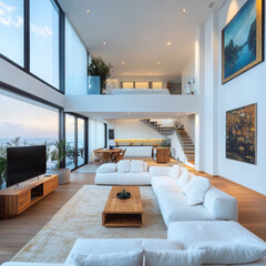 Seaside duplex at sunset with plush sofas, wooden floors, open kitchen, island views, and a cozy bedroom upstairs.