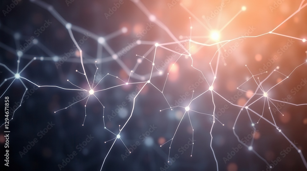 Poster abstract digital rendering shows interconnected neurons firing in a neural network with bright glowi