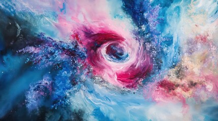 Fototapeta premium An energetic cosmic vortex in outer space, where bright pink, blue, and purple nebulae collide and spiral in an abstract