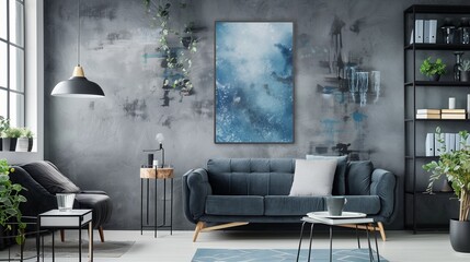 stock photo features a modern open space office with a color scheme of gray and blue, adorned with a stylish poster on wall