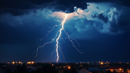 Bright Lightning Strike Over Night Cityscape