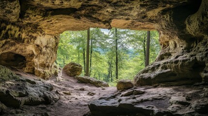Obraz premium Forest View Through Cave Opening