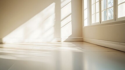 Fototapeta premium Sunlit corner of a bright, minimalist room showcasing natural light and architecture, creating a serene, elegant atmosphere