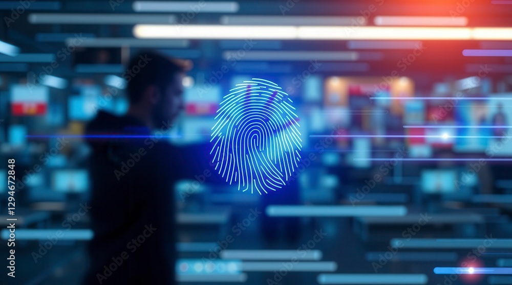 Poster a man uses a glowing fingerprint scan, symbolizing biometric authentication and digital security.