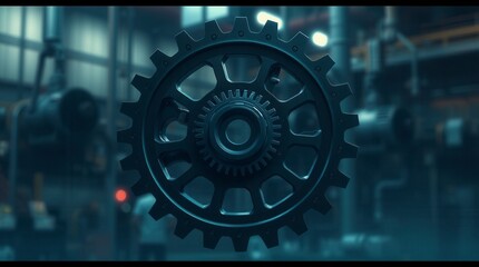 A close-up of gears in a blurred industrial environment emphasizes mechanical precision and complexity.