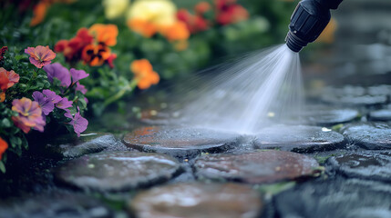 Close-up of a pressure washer nozzle effectively cleaning stones in a garden surrounded by colorful flowers on a sunny day