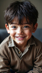 Smiling young boy in brown sweater looking at camera indoors