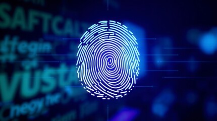 A glowing fingerprint scan represents biometric identification and modern cybersecurity measures.