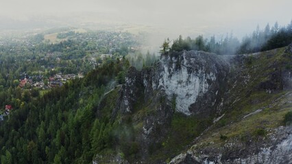 A cottage village among a spruce forest at the foot of a sheer rocky cliff, the top of which is...