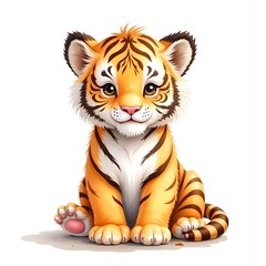 Adorable cartoon tiger cub sitting on the ground.