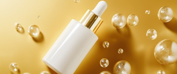High-resolution close-up of a blank white skincare bottle with a dropper against a golden background with bubbles
