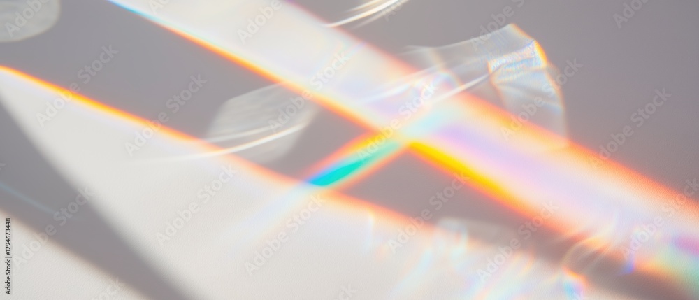 Poster light reflections creating prismatic effects on a white wall in soft focus