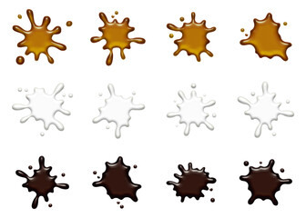 Set of stylized caramel, milk and chocolate splatter graphics isolated on transparent background
