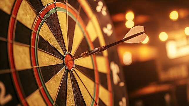 Perfectly centered dart strikes the bullseye in a dimly lit pub during an evening of competitive play