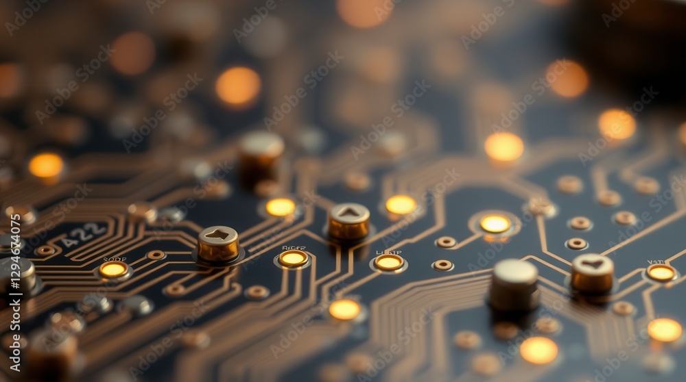Poster a close-up reveals the complex artistry of a computer circuit board's design and intricate connectio