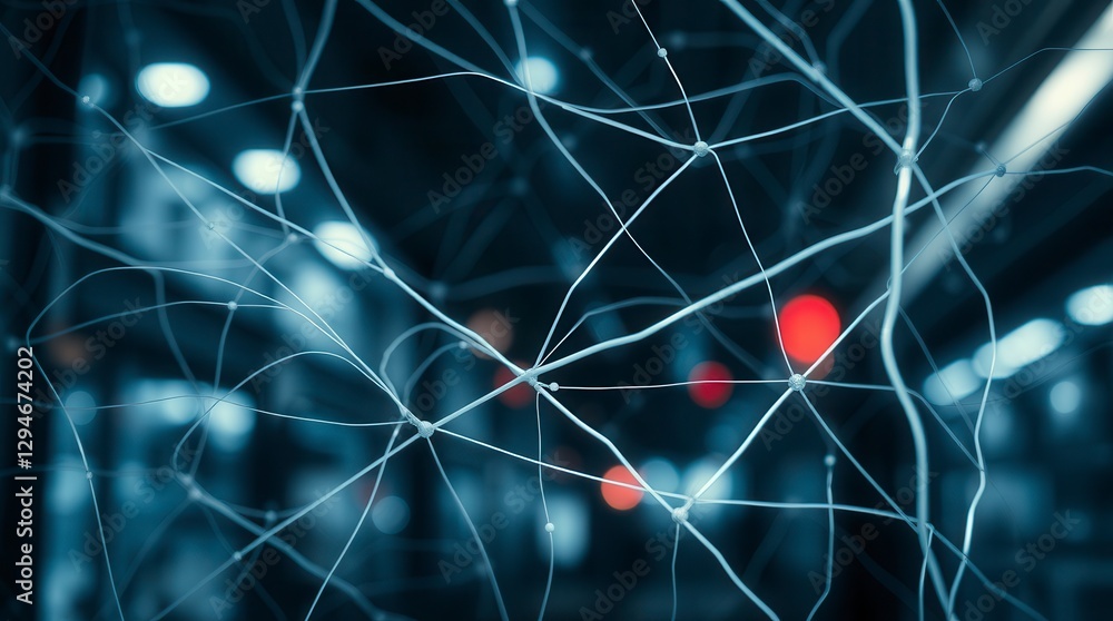 Poster abstract network illustration featuring interconnected lines and glowing nodes against a blurred bac