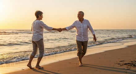 Senior couple holding hands on beach at sunset for relationship blogs, retirement planning websites, anniversary celebration ideas, wellness content about active aging, retirement lifestyle content