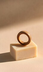 solid shampoo bars with wooden ring on light brown background