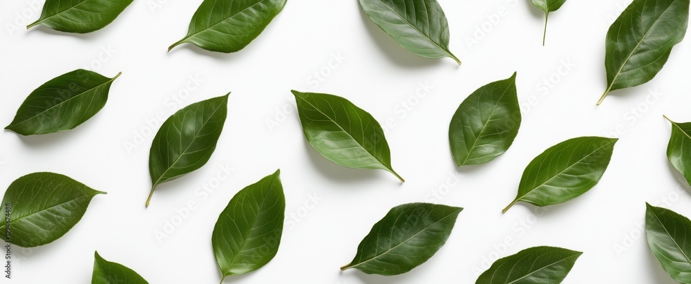 Aufkleber green leaves scattered on a wall background creating a seamless pattern from a top view perspective
