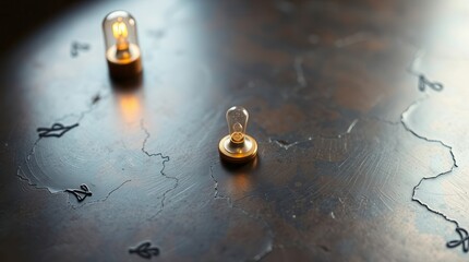 A pair of lightbulbs illuminate continents etched on a bronze map, symbolizing global innovation.