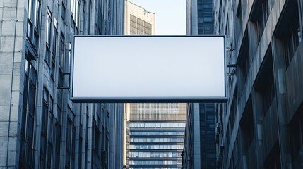 A blank billboard displays between tall buildings in an urban environment