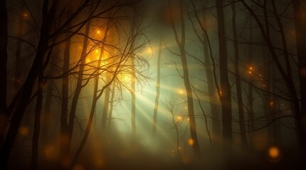 Ethereal sunlight filters through a misty forest, creating a dreamlike and slightly spooky atmosphere.