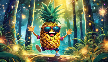 Happy Pineapple Dancing in Sunglasses in Enchanted Forest