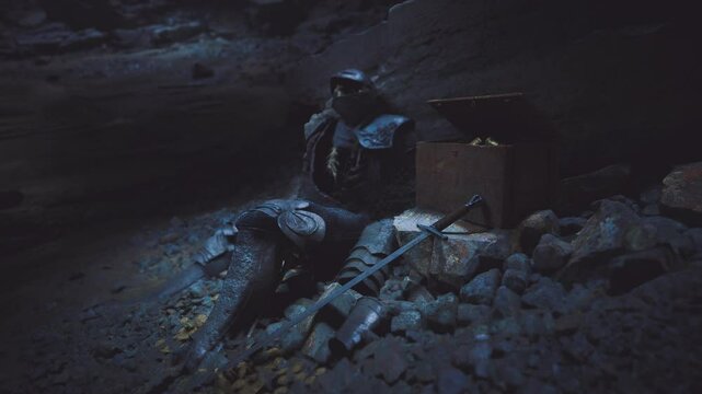 In a dimly lit cave, a lifeless knight slumps against the rocky wall. Beside him lies a weathered chest filled with gold and an ancient sword, hinting at a forgotten tale of valor and loss.