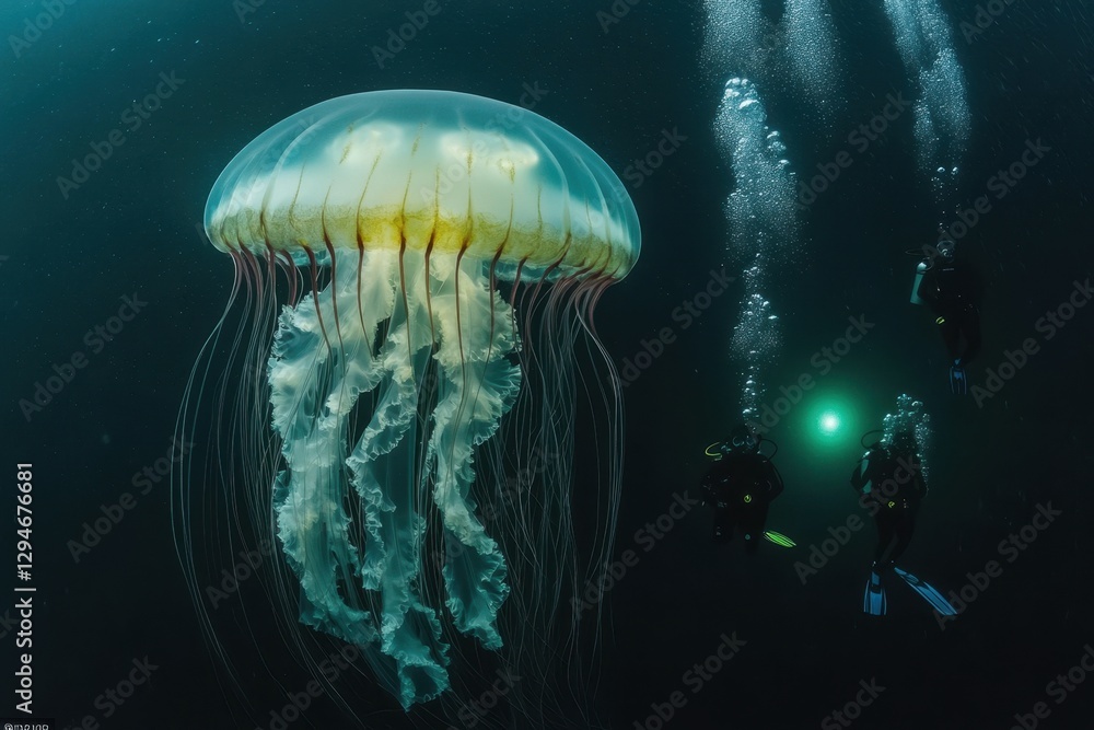 Poster underwater divers exploring luminous jellyfish in a deep ocean setting at nighttime