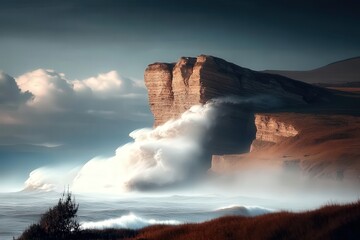 Fototapeta premium Spectacular Pacific Coastline: Majestic Cliffs and Dynamic Ocean Waves at Sunset