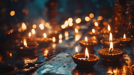 Warm Golden Light of Burning Candles Peaceful Atmosphere Spiritual Tranquility Serene Religious Setting Many Candles Burning Brightly Soft Focus      