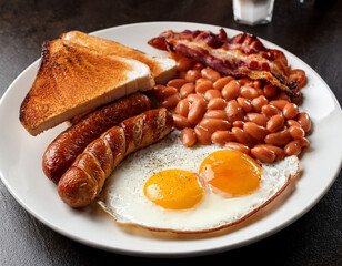 Traditional British breakfast of eggs, sausage, bacon, beans, and toast on a white plate