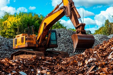 An excavator is actively lifting heaps of metal scrap in a recycling yard. Lush green trees and a clear blue sky serve as the backdrop to this busy industrial activity