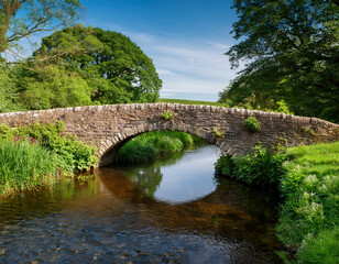 A stone bridge over a quiet creek surrounded by lush English countryside