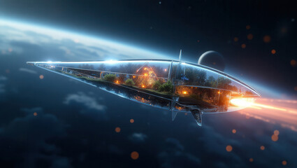 A sleek, cutting-edge spaceship crafted from a futuristic alloy with a crystalline transparency, gliding effortlessly through the vastness of space