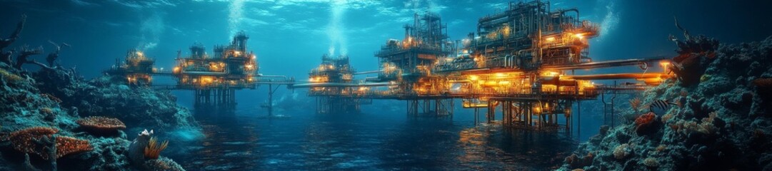 An underwater facility with multiple gas pipelines surrounded by sea life. Generative AI