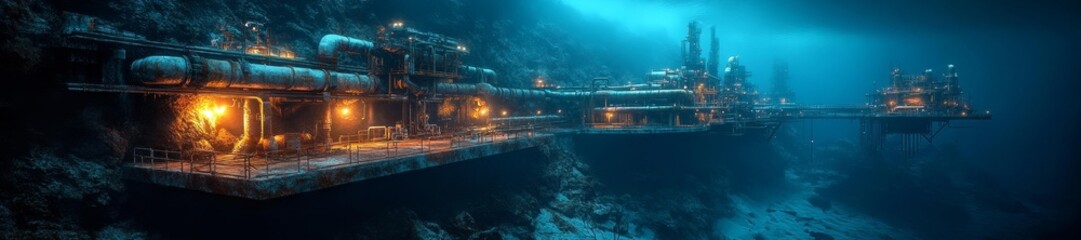 A submerged industrial complex with extensive gas pipelines surrounded by ocean life. Generative AI
