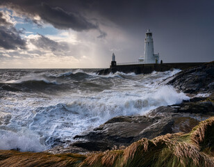 A serene British coastline with a lighthouse and choppy waves under a stormy sky