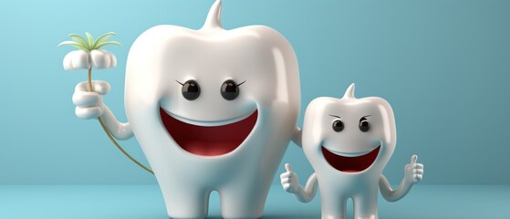 Obraz premium Tooth character with toothbrush isolated on blue background with copy space. 3d illustration. Dental concept with copy space