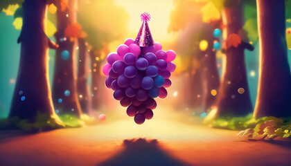 Fototapeta premium Whimsical Grape Cluster with Party Hat in Enchanted Forest