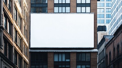 Obraz premium A large blank billboard between many tall city buildings