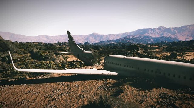 A large plane lies in ruins in a remote landscape surrounded by mountains and vegetation, highlighting the aftermath of a serious aviation accident in a secluded region.