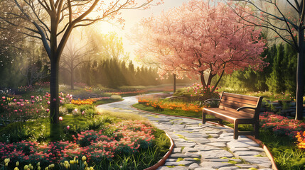 A breathtaking AI-generated spring garden with a stone pathway, a wooden bench, and blooming cherry trees, bathed in golden sunlight for a peaceful and inviting ambiance.