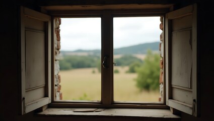 Rustic Window View: A Serene Countryside Panorama