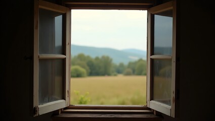 Fototapeta premium Serene Countryside View from Rustic Window