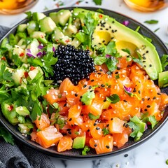 Delicious Salmon Poke Bowl with Avocado, Caviar and Sesame Seeds