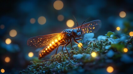 Close up of firefly glowing in a dark forest sharp focus on its luminescent abdomen set against a soft mystical background